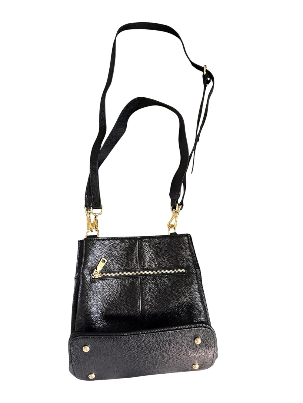 Black Pebbled Leather Crossbody Bag with Gold Accents